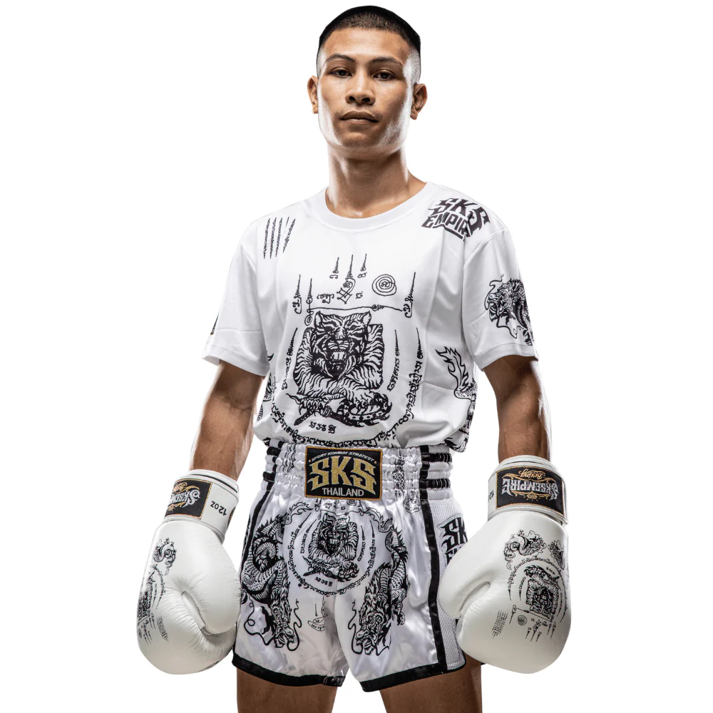 SKS White Sakyant Muay Thai Shorts - Image 3